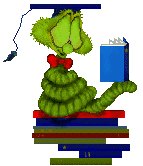 Bücherwurm sitzt auf Büchern und liest