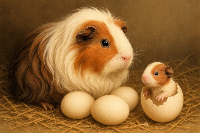Angorameerschweinchen sitzt in einem Korb mit Eiern