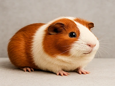 rot weiss geschecktes Meerschweinchen vor grauem Hintergrund