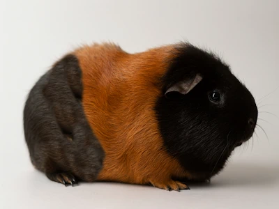 Merschweinchen in schildpattzeichnung, also rot-schwarz, gleichmäßig auf dem Körper verteilt