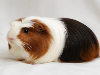 Meerschweinchen in der Zeichnung schildpatt-weiß. 
