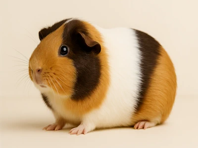 Meerschweinchen in schokolade-buff-weiss vor hellem Hintergrund