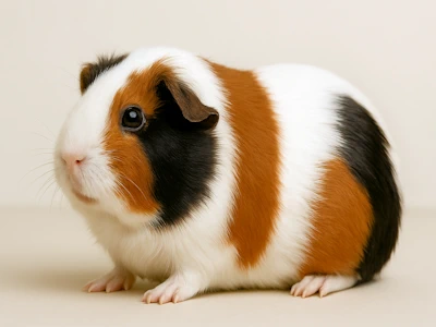 schwarz rot weiss geschecktes Meerschweinchen auf hellem Hintergrund