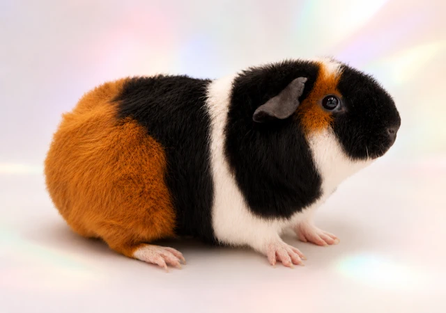 ein hellbraunes Meerschweinchen sitzt auf einem Baumstamm