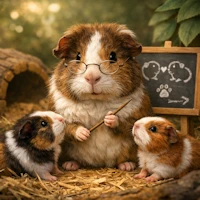 Ein Erziehermeerschweinchen steht mit einem Zeigestab vor zwei Jungmeerschweinchen die aufmerksam aufblicken