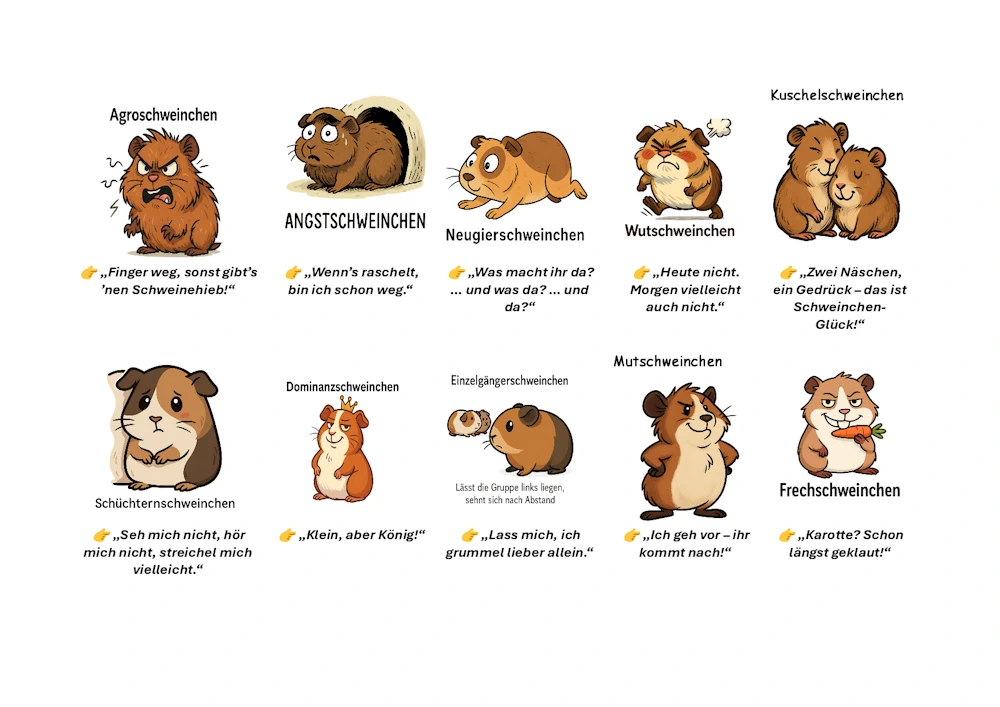 schweinchencharaktere  Cartoonartige Darstellung der verschiedenen Charaktere
